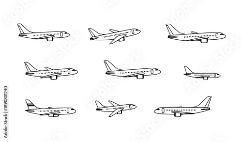Vector Airplane Icon Set with Various Orientations and Views