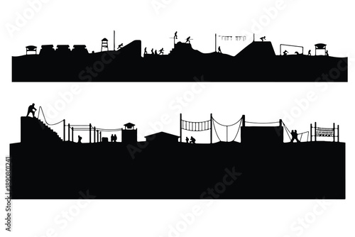 Black and white silhouette of people climbing and navigating obstacle course