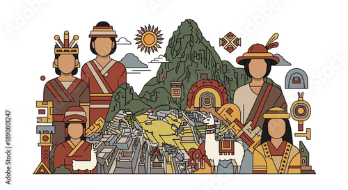 Vibrant illustration of Inca people in traditional attire with Machu Picchu in background