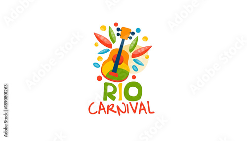 Rio Carnival logo design, bright festive party banner with guitar vector Illustration isolated on a white background. 
