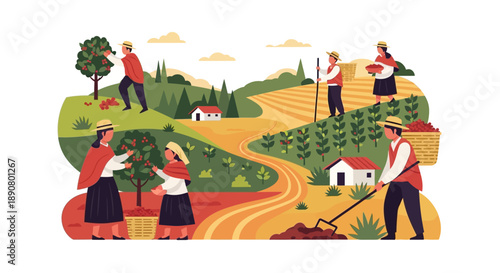 Farmers harvesting crops in a vibrant rural landscape with rolling hills