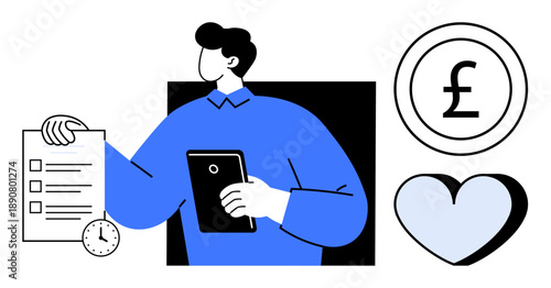 Business planning, finance management, time efficiency, productivity, organization, professional services. Person with a tablet, checklist clock pound symbol and heart. Business planning