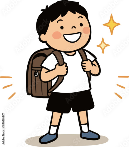 자신감 있게 가방을 맨 초등학생 남자아이 일러스트 벡터. svg.