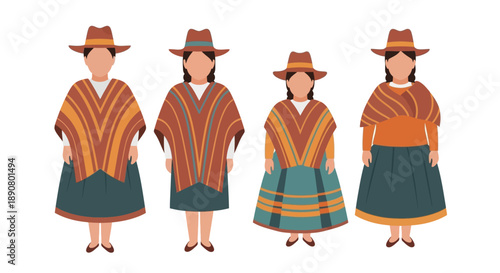 Vibrant illustrations of women in traditional South American clothing