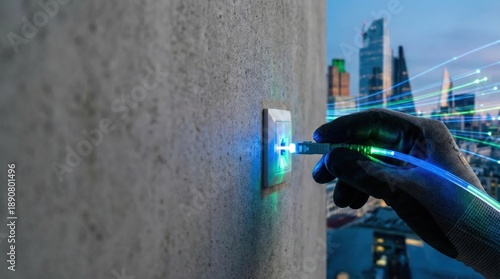 Glowing Fiber Optic Cable Plugged into Wall Port for High-Speed Internet Connection in City