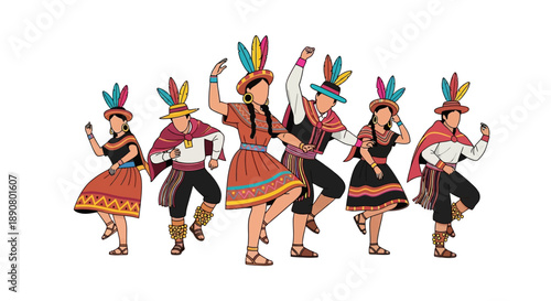 Vibrant group of people in traditional South American dance costumes celebrating