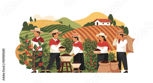 Farmers harvesting coffee beans in lush plantation landscape