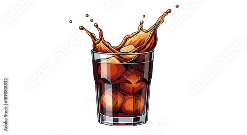 Refreshing glass of cola with ice cubes splashing on white background