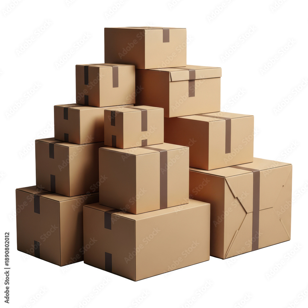 Fototapeta premium Stack of brown cardboard boxes on transparent background for moving or storage needs