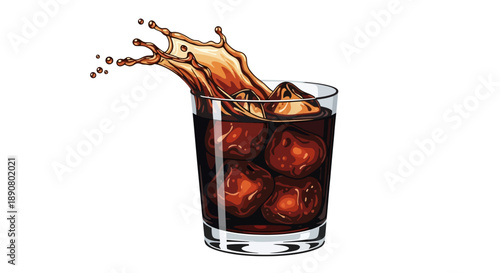 Refreshing glass of cola with ice cubes and splash