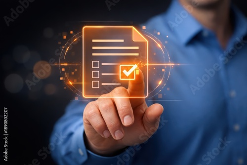 Digital Checklist for Success: A person's hand touches an illuminated checklist, symbolizing choices and a successful business.