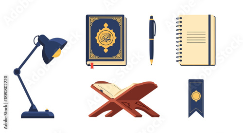 Islamic study materials including Quran and notebook