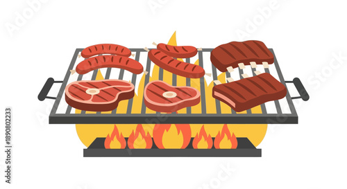 Grilled meats cooking on a barbecue grill with flames