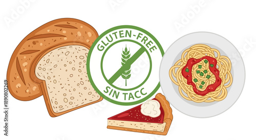 Gluten free food options with bread, pizza, and pasta