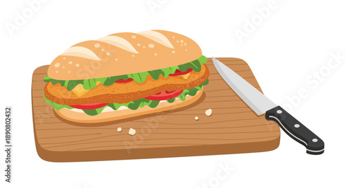 Delicious sandwich on wooden cutting board with knife
