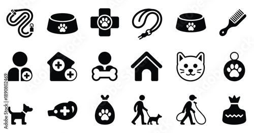 Pet care icons in solid filled silhouette style showing animals grooming tools health care and pet service concepts
