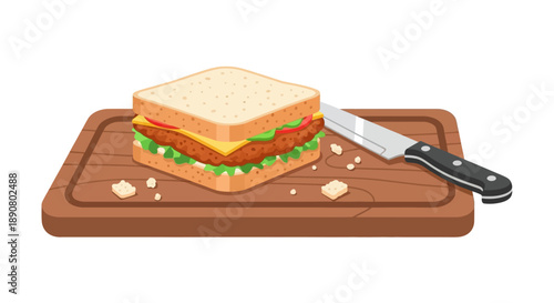 Delicious cheeseburger on wooden cutting board with knife