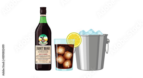 Bottle of Fernet Branca with a glass and ice bucket