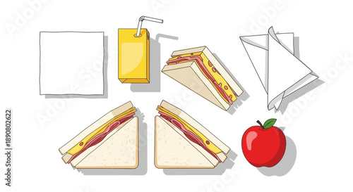 Healthy school lunch with sandwiches, juice, and apple
