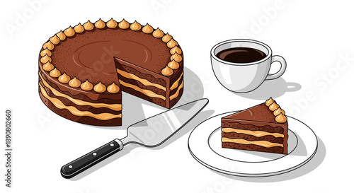 Delicious chocolate cake with creamy filling and coffee