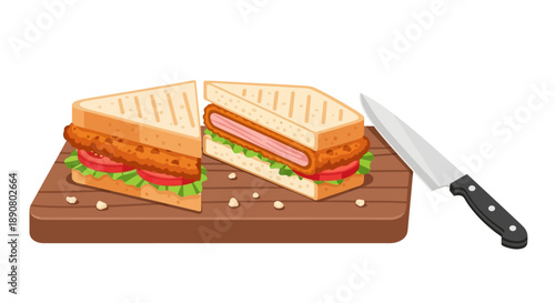 Delicious chicken sandwich cut in half on wooden board