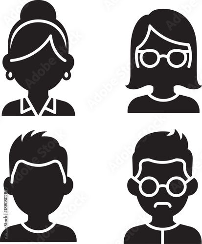 Collection of diverse silhouettes of people with various hairstyles and eyewear