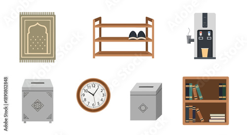 Modern office and mosque essentials in flat design style