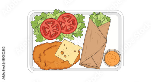 Delicious chicken sandwich meal with fresh salad and dipping sauce