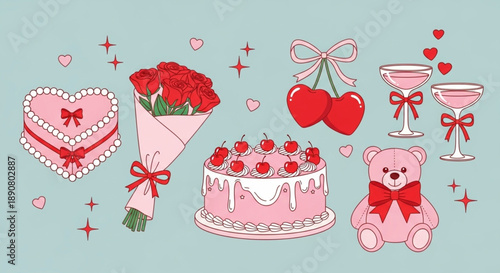 Valentine's Day Icons Featuring Cakes, Roses, Cherries, and a Teddy Bear