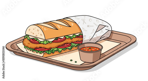 Delicious sandwich and wrap meal with dipping sauce