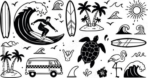 Black and white surfer riding ocean wave with surfboards palm trees sea turtle and flamingo tropical beach elements