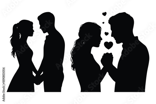 Silhouettes of couples holding hands with hearts between them