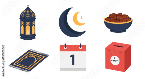 Ramadan icons set including lantern, crescent moon, dates, prayer mat, calendar, charity box