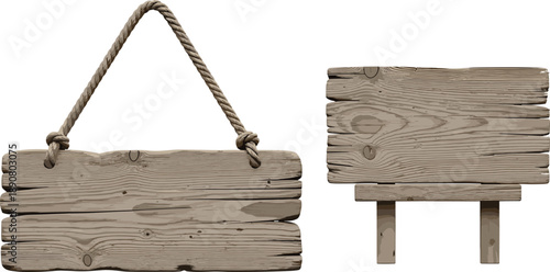 Rustic wooden hanging and staked signs with weathered planks, vintage texture, outdoor signage concept for nature trails and events