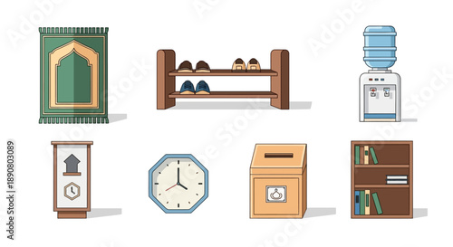 Islamic prayer room interior elements and office supplies