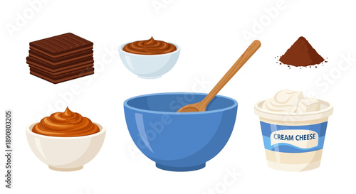 Delicious chocolate and cream cheese ingredients for baking
