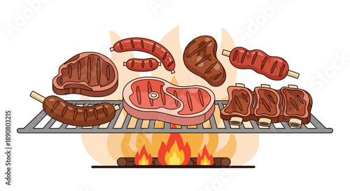 Delicious grilled meats sizzling on barbecue over open flames