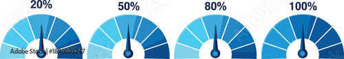 Semicircular gauge meters showing progress levels, blue segmented indicators for data visualization, performance tracking, dashboard or UI design