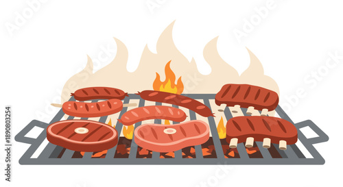 Delicious grilled meats sizzling on barbecue with flames