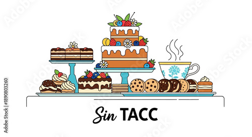 Delicious pastries and cakes with steaming coffee