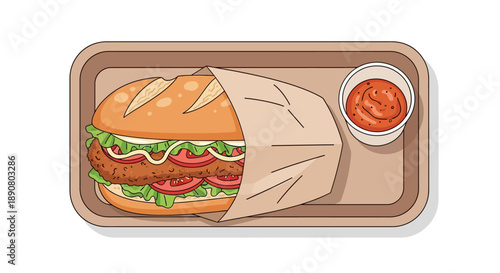 Delicious burger with lettuce and tomato on a tray with dipping sauce
