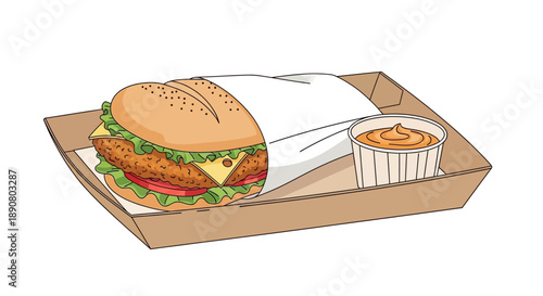 Delicious burger and dipping sauce in cardboard box