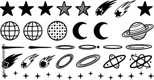 Hand drawn vintage style space icons set including stars planets moons comets and atomic symbols on beige background