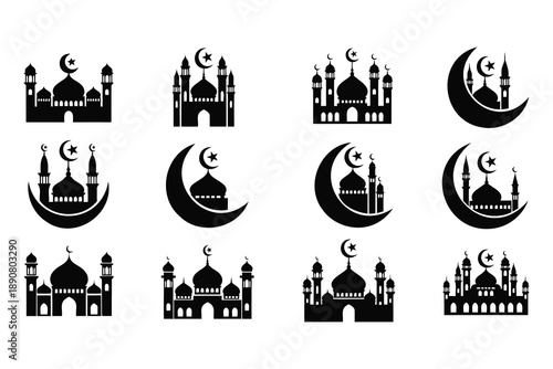 Collection of islamic mosque and crescent moon symbols isolated design elements