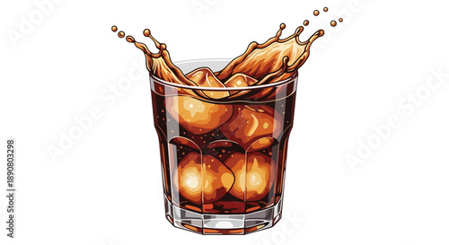 Refreshing glass of cola with ice cubes splashing