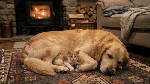 Wallpaper Mural A golden retriever dog and a small ginger kitten peacefully snuggled on a cozy rug, warmed by a crackling fireplace, showcasing a heartwarming interspecies friendship Torontodigital.ca