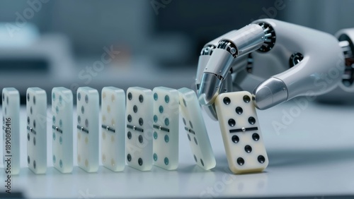 Robotic arm initiating a chain reaction with a row of dominoes on a flat surface