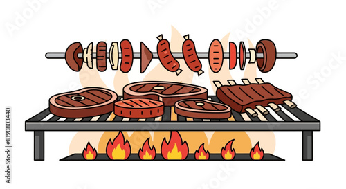 Delicious barbecue food grilling on outdoor grill with skewers