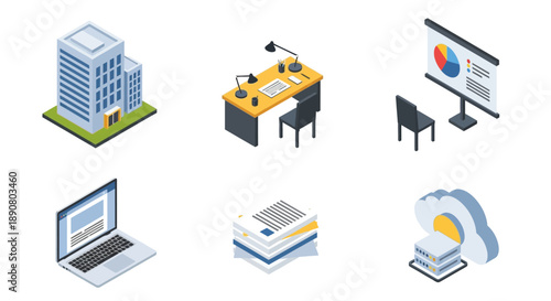 Modern office workspace with business and technology elements