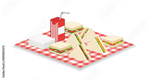 Delicious sandwiches and juice on a red checkered picnic blanket